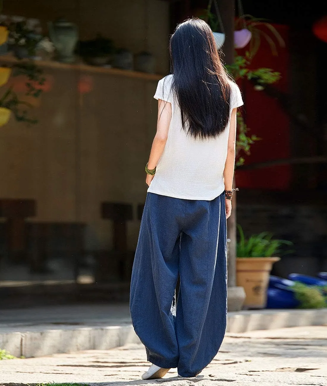 IXIMO Women's Casual Cotton Linen Baggy Pants with Elastic Waist Relax Fit Lantern Trouser