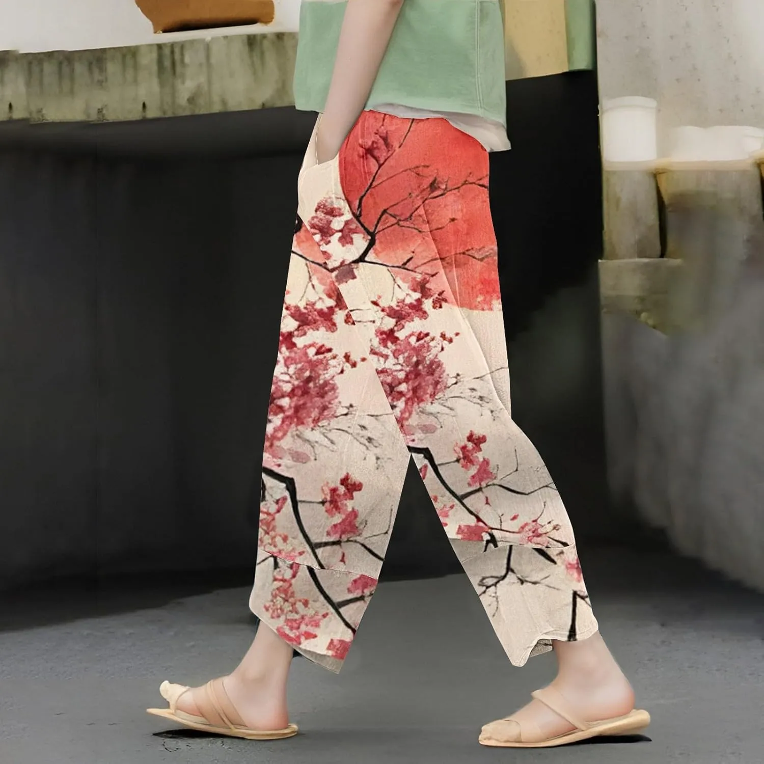 Japanese Wige Leg Pants for Women Artist Linen Pants Womens Pants Summer Baggy Cropped Trouser with