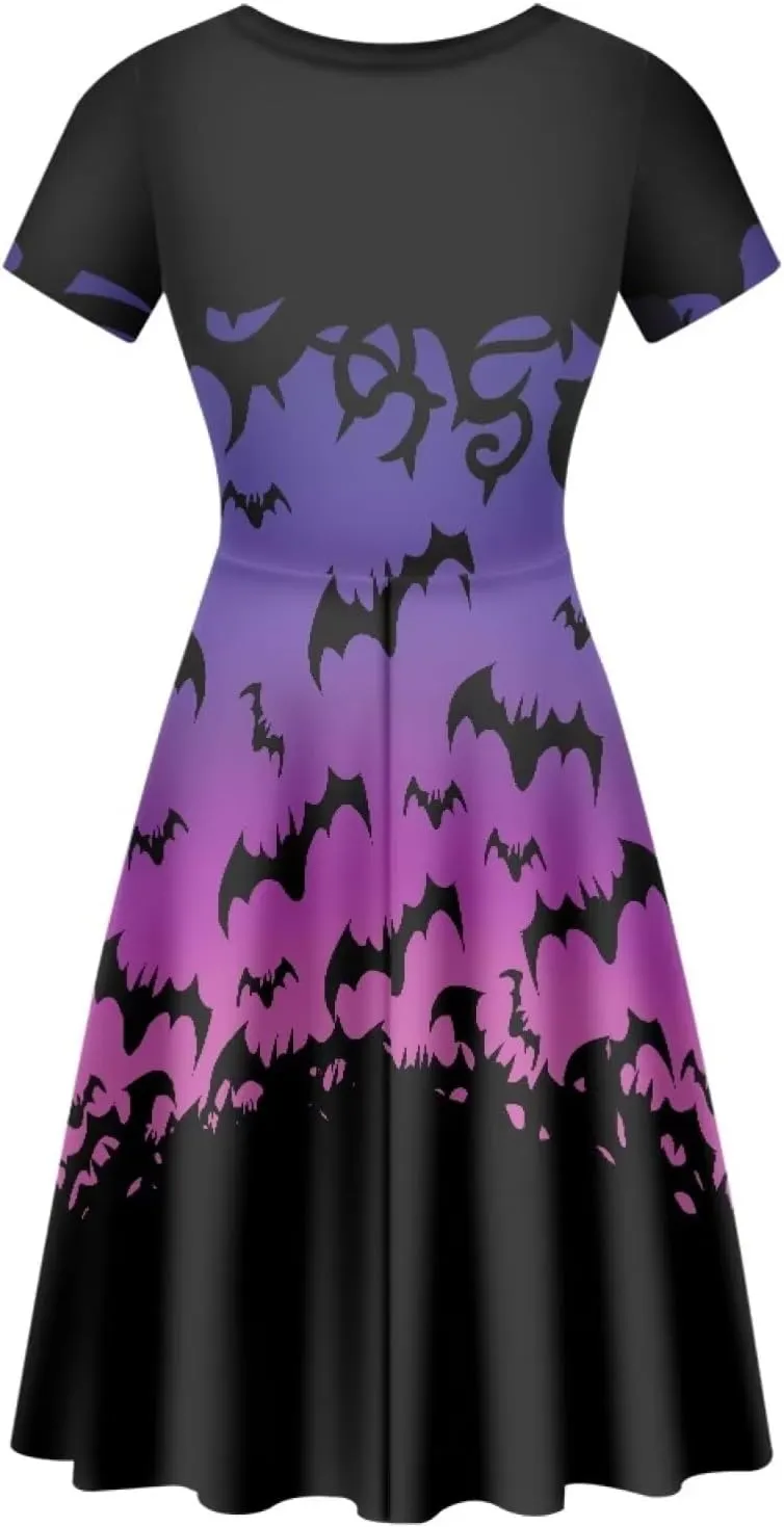 JEOCODY Women Gothic Dress Short Sleeve Crew Neck Halloween Costume Size S-4XL