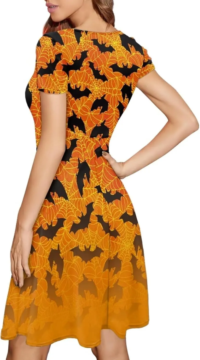 JEOCODY Women Gothic Dress Short Sleeve Crew Neck Halloween Costume Size S-4XL