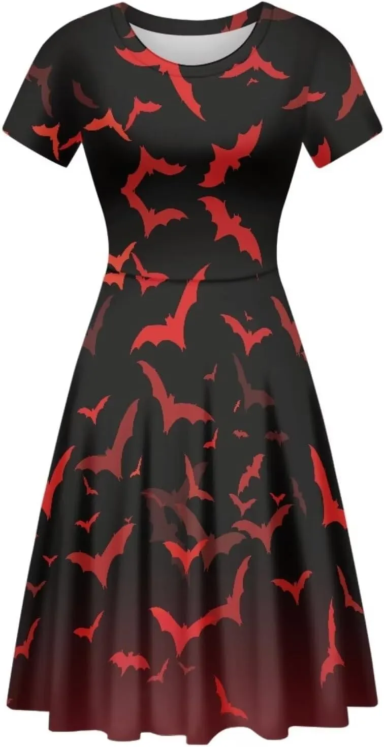 JEOCODY Women Gothic Dress Short Sleeve Crew Neck Halloween Costume Size S-4XL