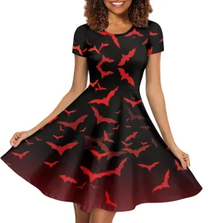 JEOCODY Women Gothic Dress Short Sleeve Crew Neck Halloween Costume Size S-4XL