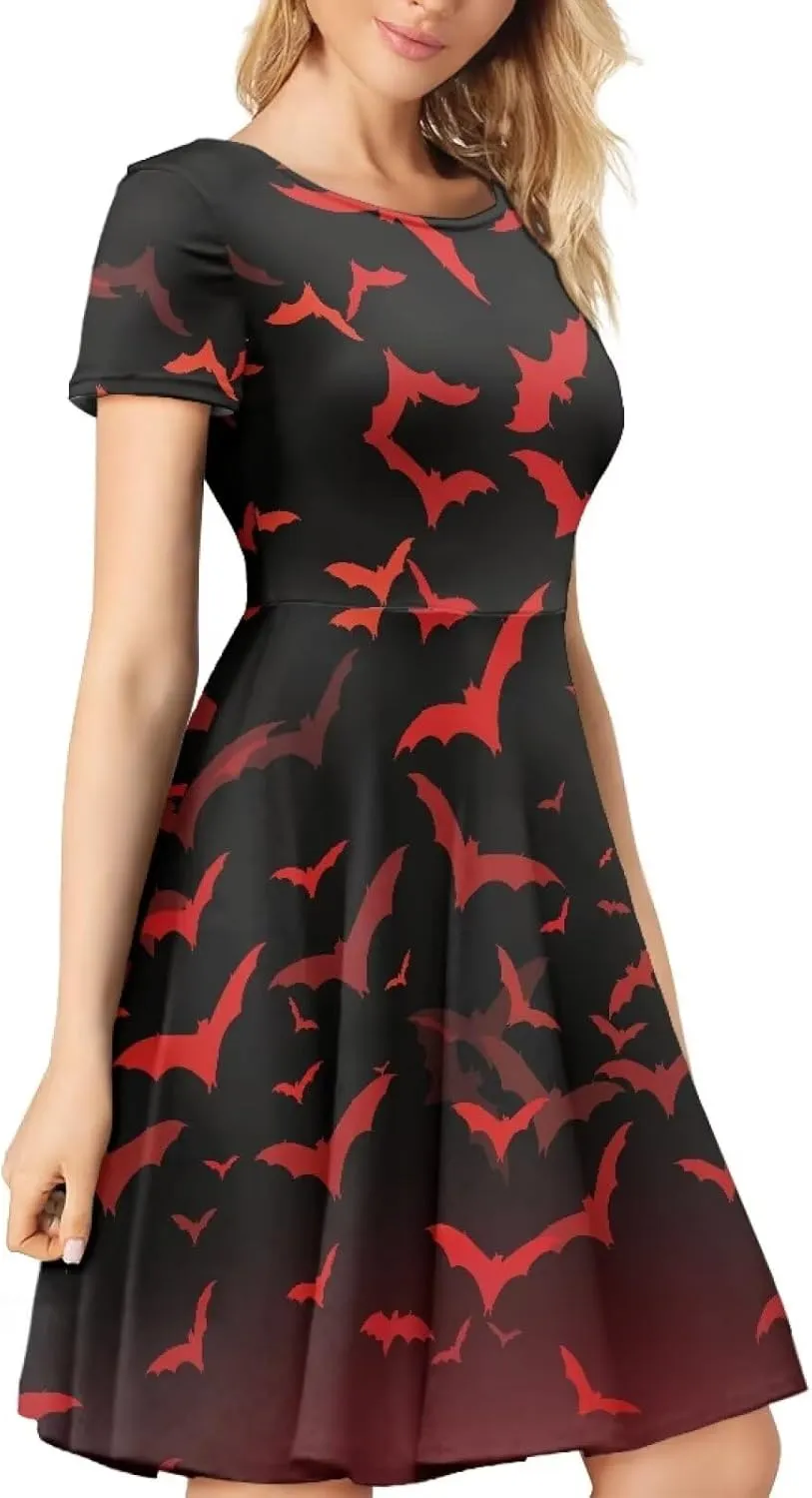 JEOCODY Women Gothic Dress Short Sleeve Crew Neck Halloween Costume Size S-4XL