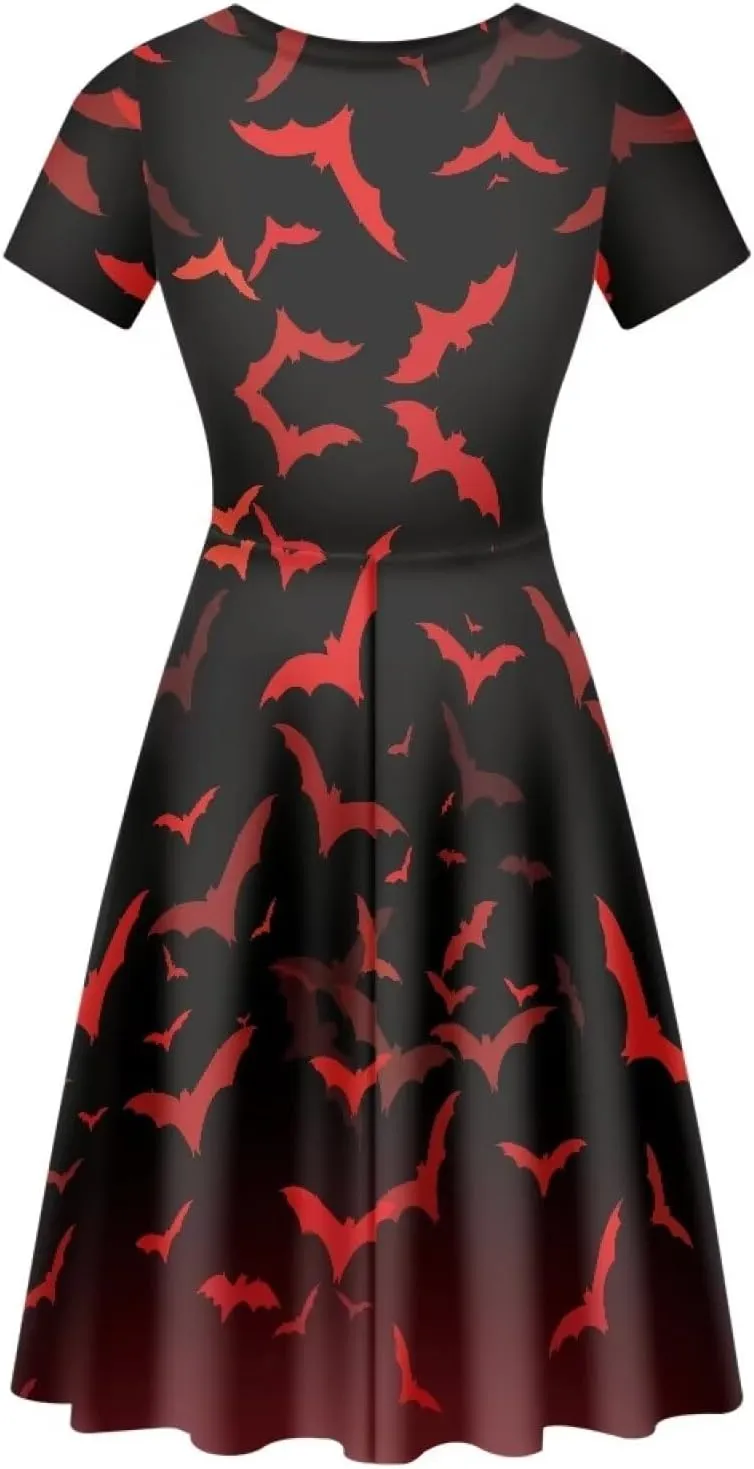 JEOCODY Women Gothic Dress Short Sleeve Crew Neck Halloween Costume Size S-4XL