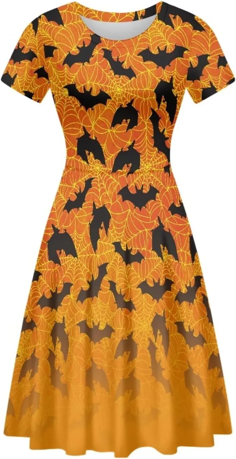 JEOCODY Women Gothic Dress Short Sleeve Crew Neck Halloween Costume Size S-4XL