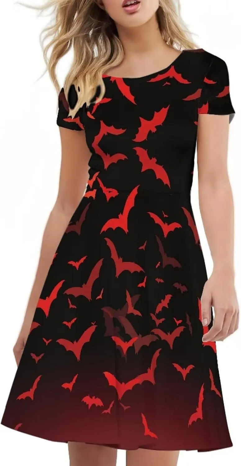 JEOCODY Women Gothic Dress Short Sleeve Crew Neck Halloween Costume Size S-4XL