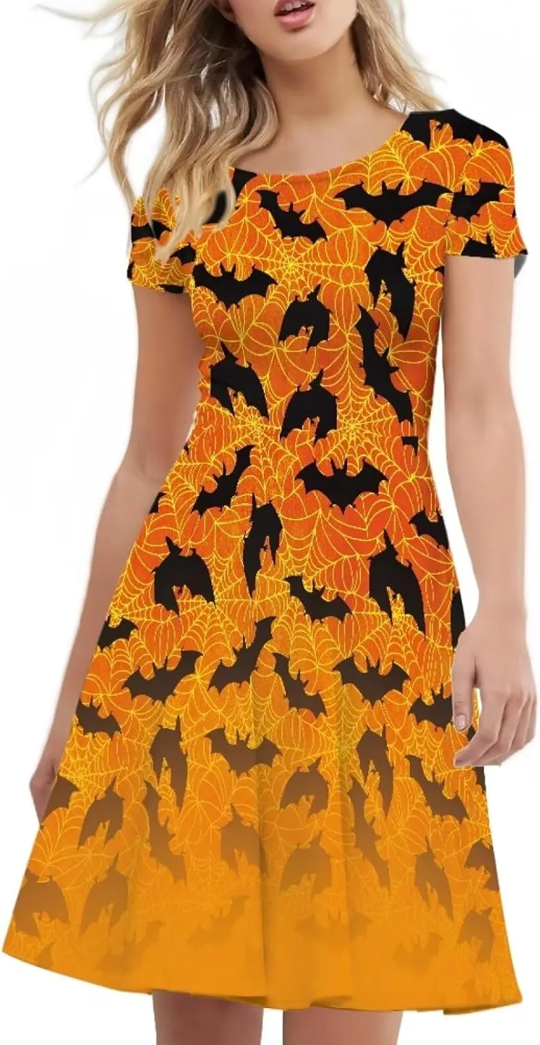 JEOCODY Women Gothic Dress Short Sleeve Crew Neck Halloween Costume Size S-4XL