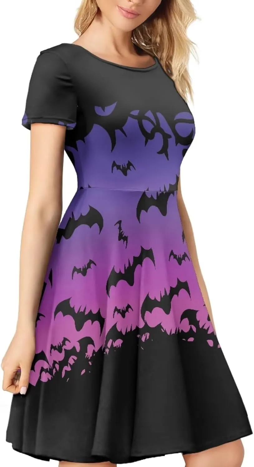 JEOCODY Women Gothic Dress Short Sleeve Crew Neck Halloween Costume Size S-4XL