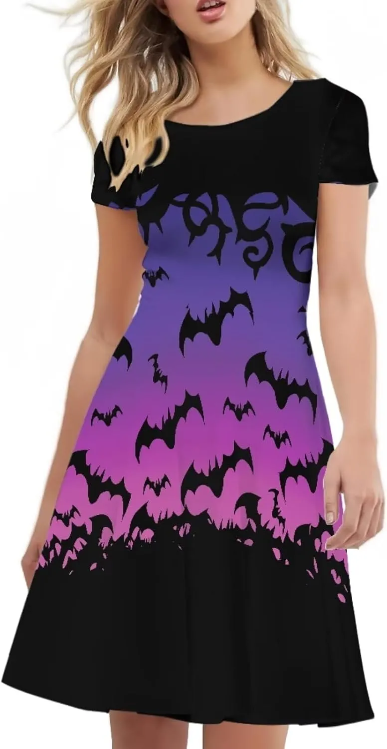 JEOCODY Women Gothic Dress Short Sleeve Crew Neck Halloween Costume Size S-4XL