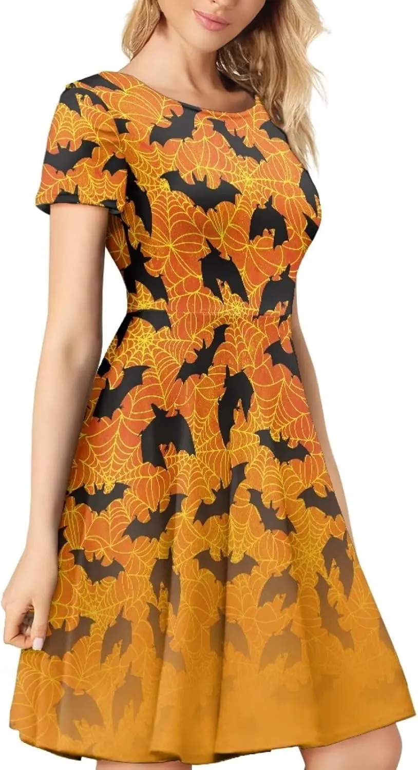 JEOCODY Women Gothic Dress Short Sleeve Crew Neck Halloween Costume Size S-4XL