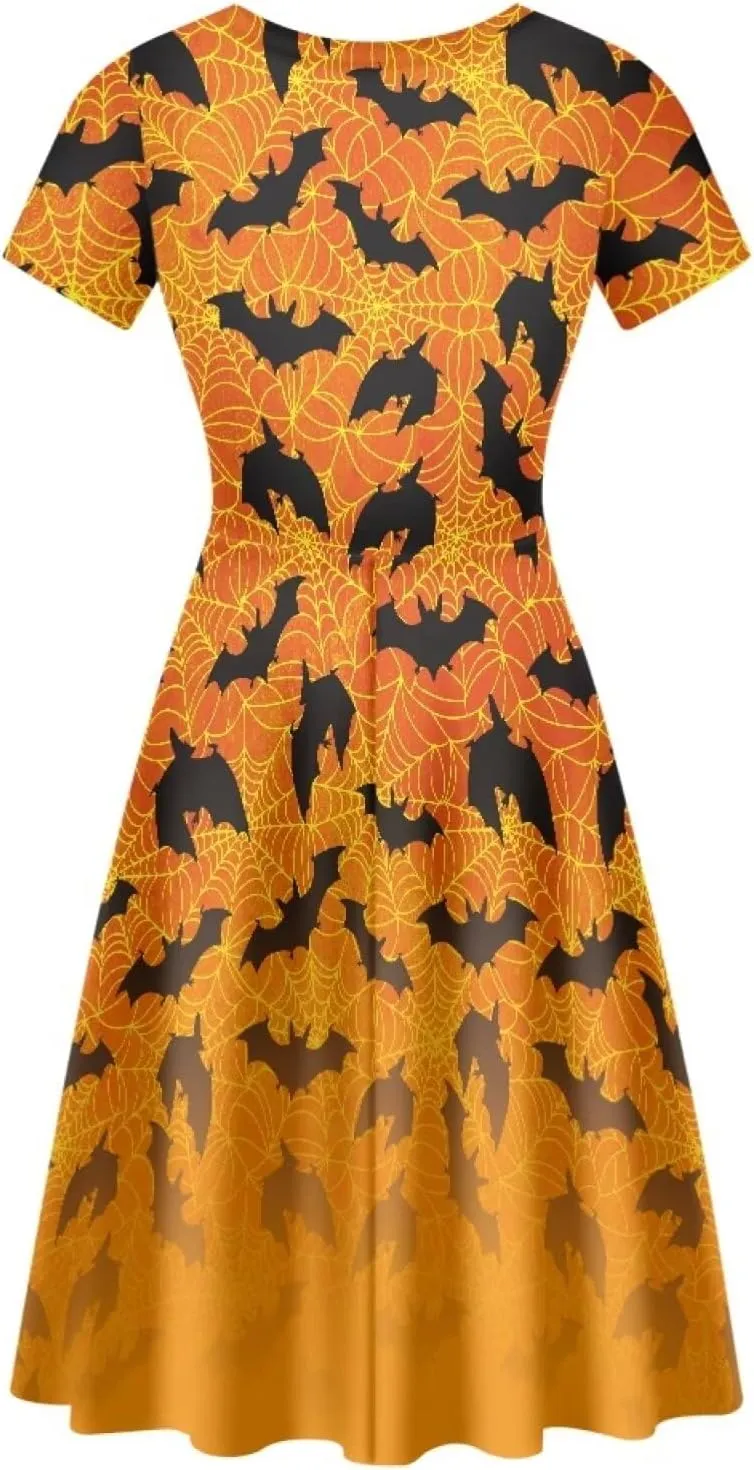 JEOCODY Women Gothic Dress Short Sleeve Crew Neck Halloween Costume Size S-4XL