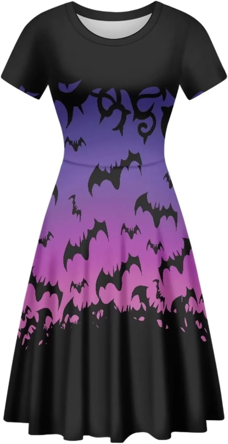 JEOCODY Women Gothic Dress Short Sleeve Crew Neck Halloween Costume Size S-4XL