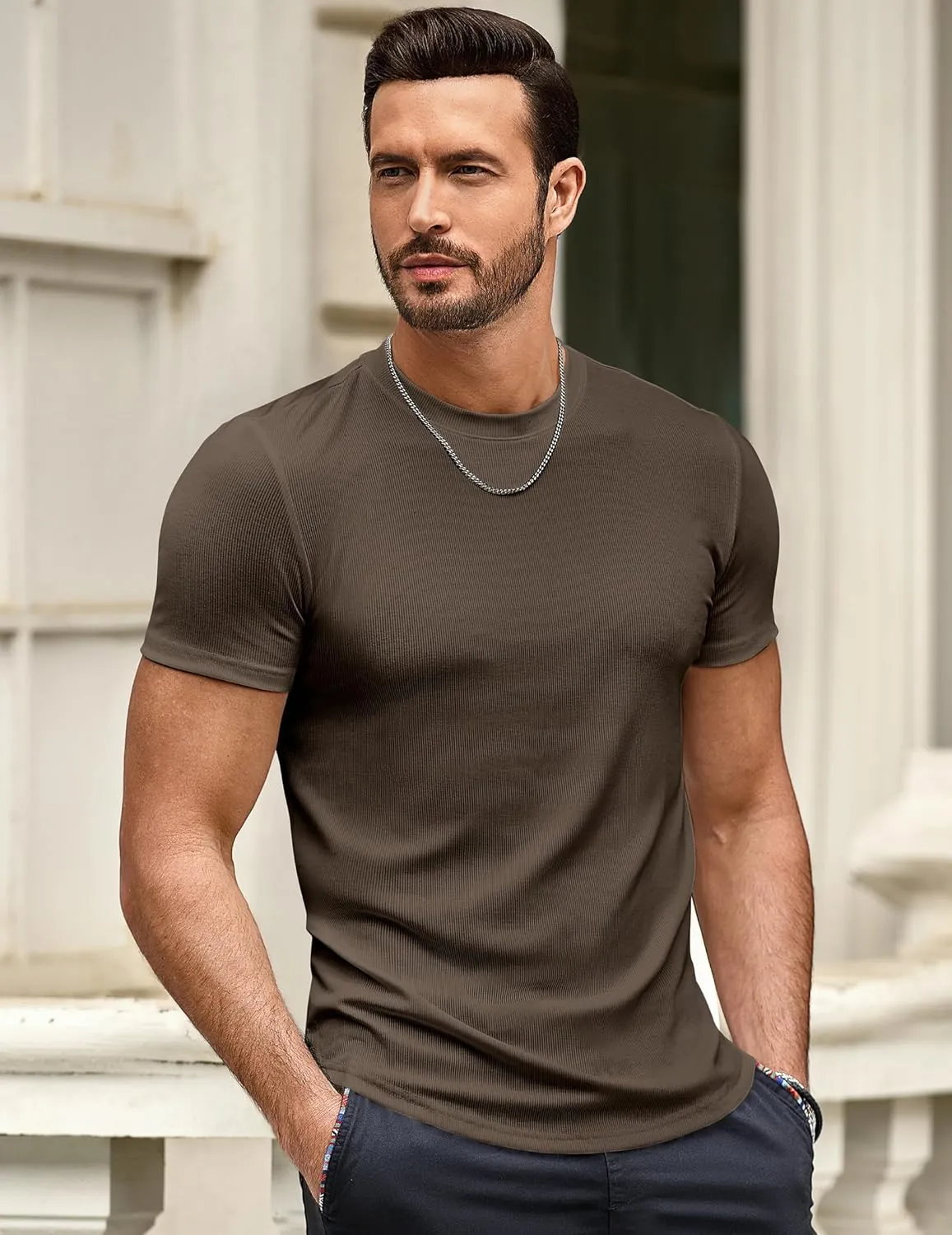 JMIERR Mens Short Sleeve T Shirt Summer Muscle Slim Fitted Crewneck Longline Tees Shirts for Gym Workout