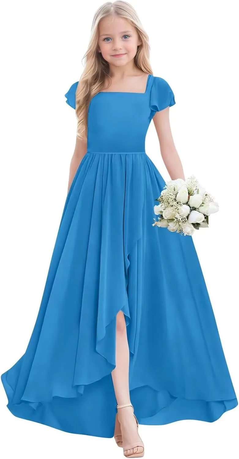 Junior Bridesmaid Dress for Wedding Chiffon Short Sleeve A Line High Low Flower Girl Dresses for Kids