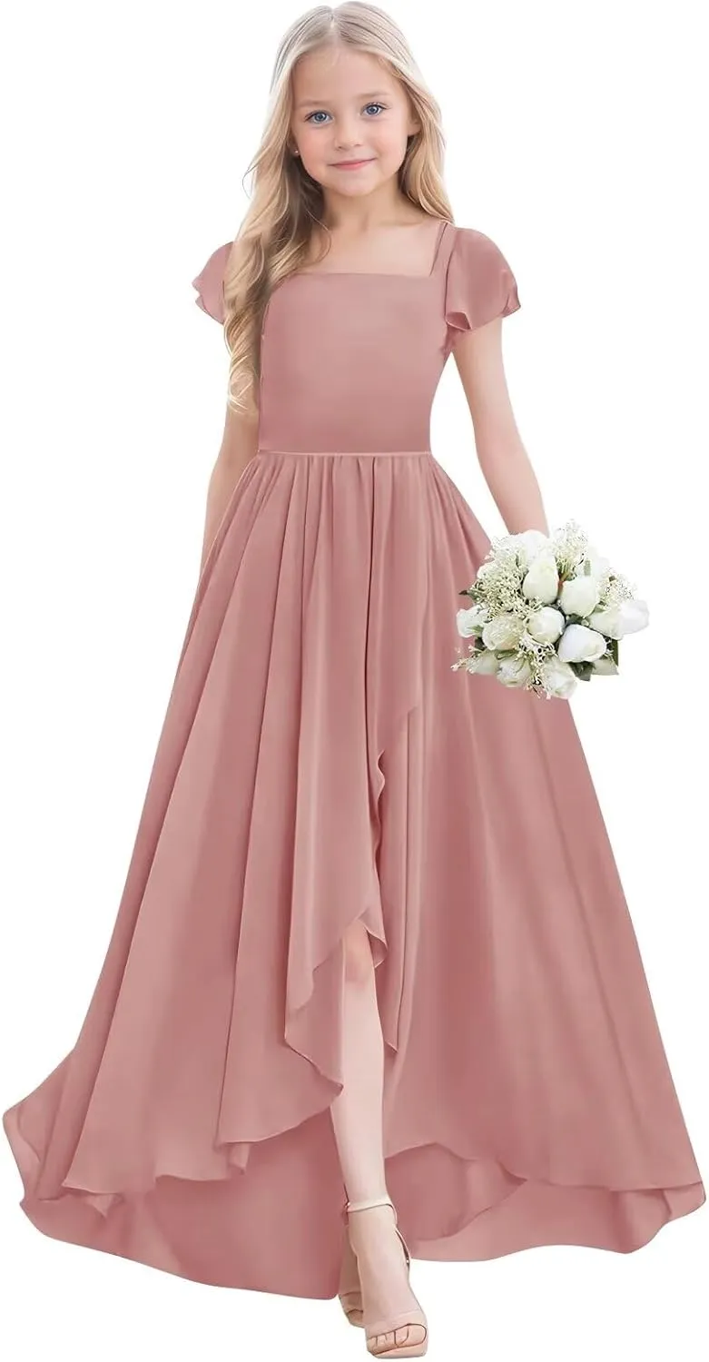Junior Bridesmaid Dress for Wedding Chiffon Short Sleeve A Line High Low Flower Girl Dresses for Kids