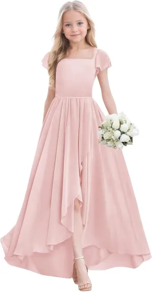Junior Bridesmaid Dress for Wedding Chiffon Short Sleeve A Line High Low Flower Girl Dresses for Kids