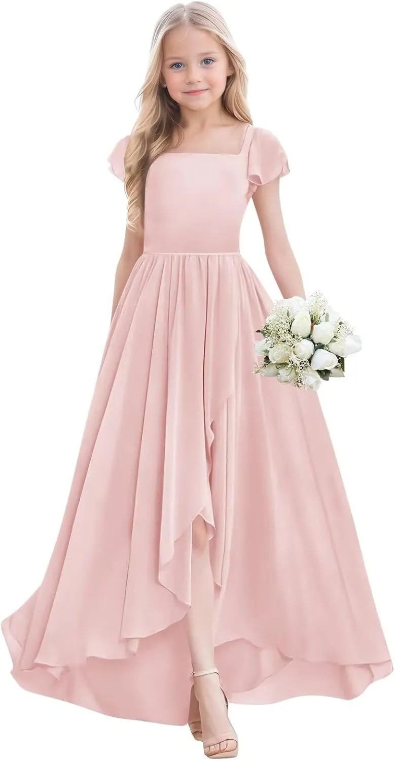 Junior Bridesmaid Dress for Wedding Chiffon Short Sleeve A Line High Low Flower Girl Dresses for Kids