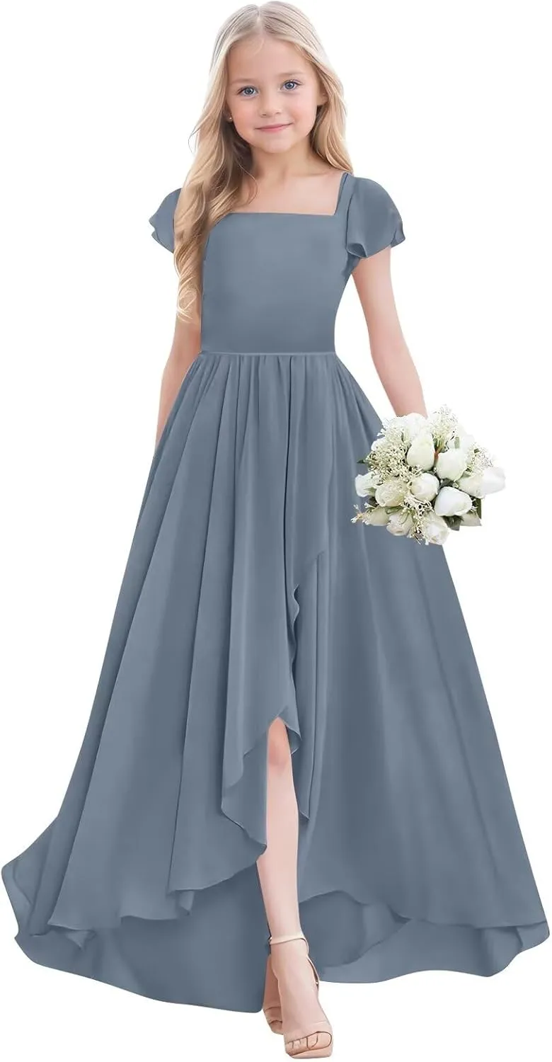Junior Bridesmaid Dress for Wedding Chiffon Short Sleeve A Line High Low Flower Girl Dresses for Kids