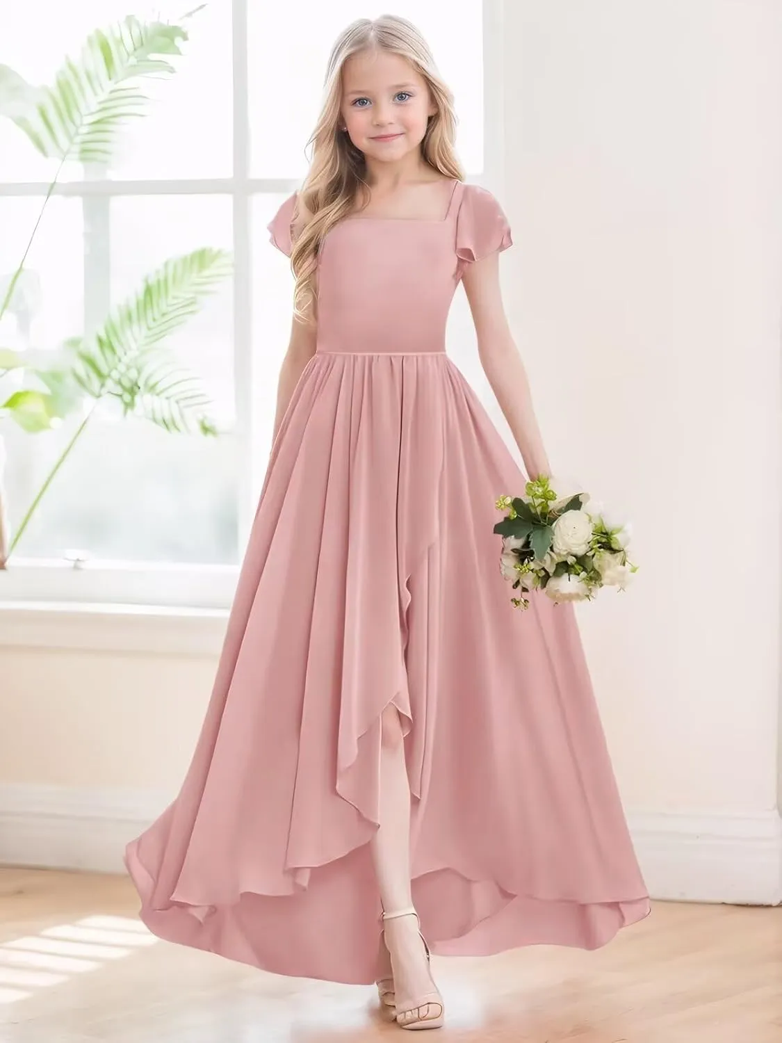 Junior Bridesmaid Dress for Wedding Chiffon Short Sleeve A Line High Low Flower Girl Dresses for Kids