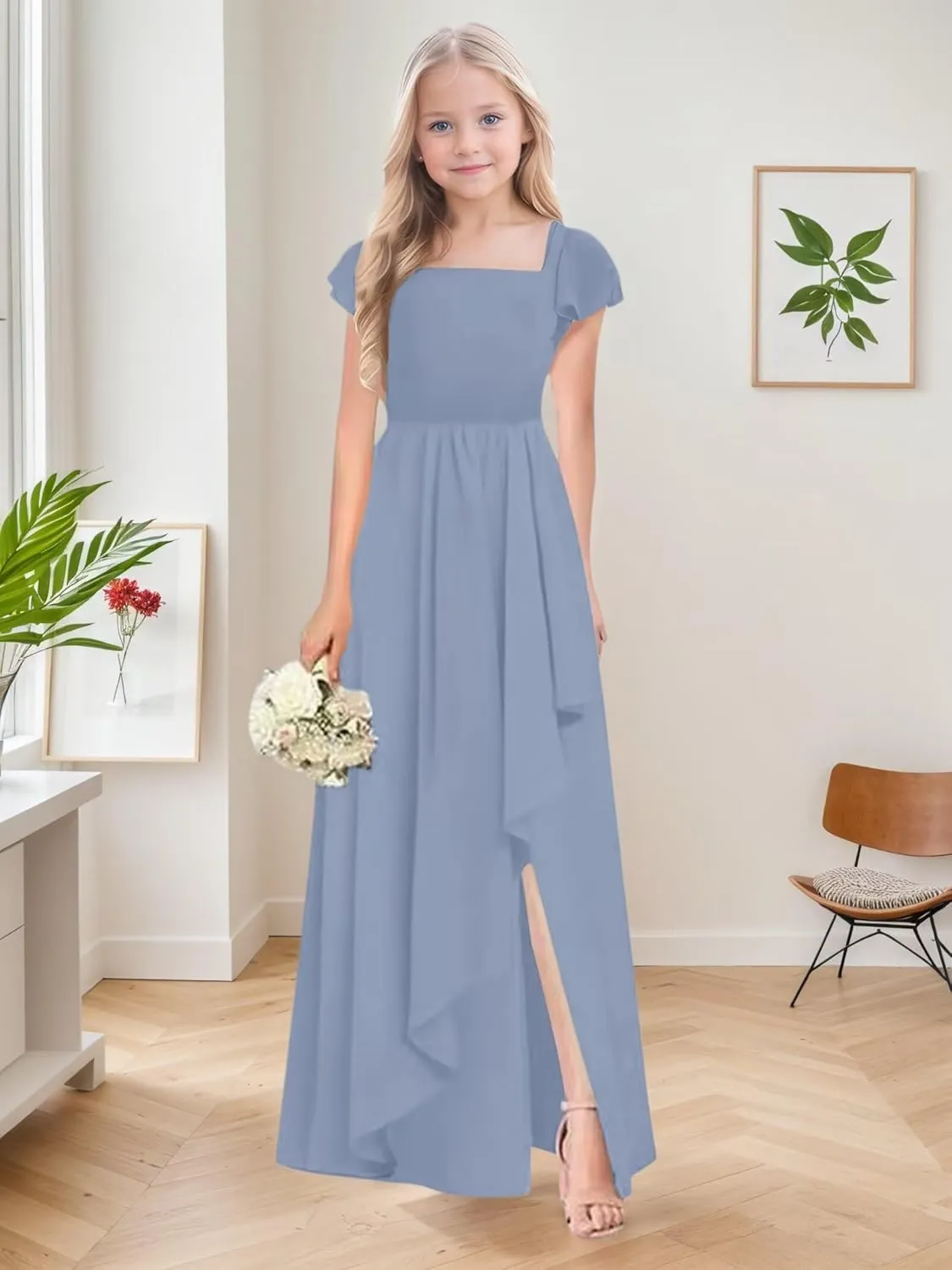 Junior Bridesmaid Dresses for Girls Chiffon Short Sleeve Flower Girl Dress for Wedding Party Pageant Gown