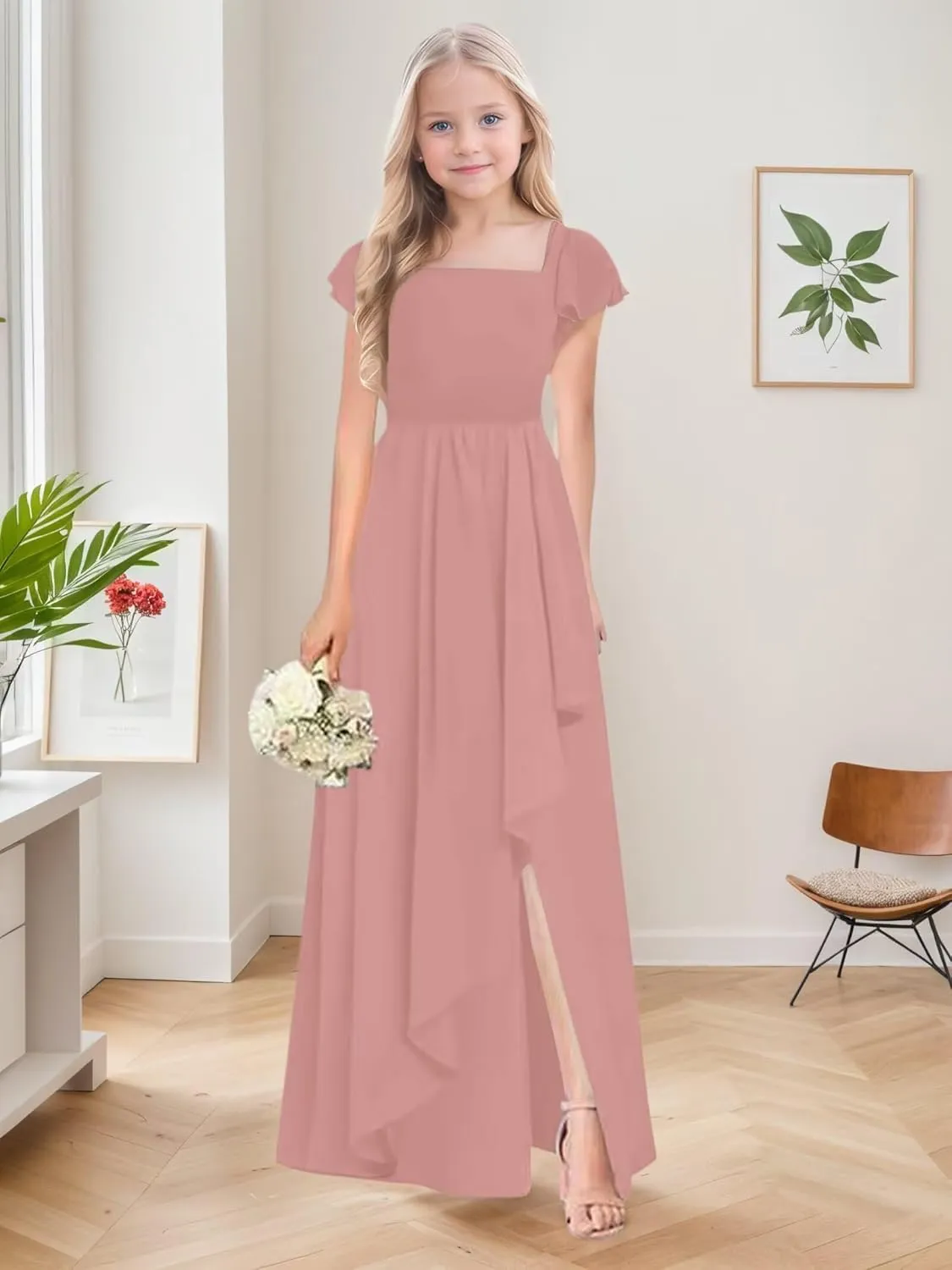 Junior Bridesmaid Dresses for Girls Chiffon Short Sleeve Flower Girl Dress for Wedding Party Pageant Gown
