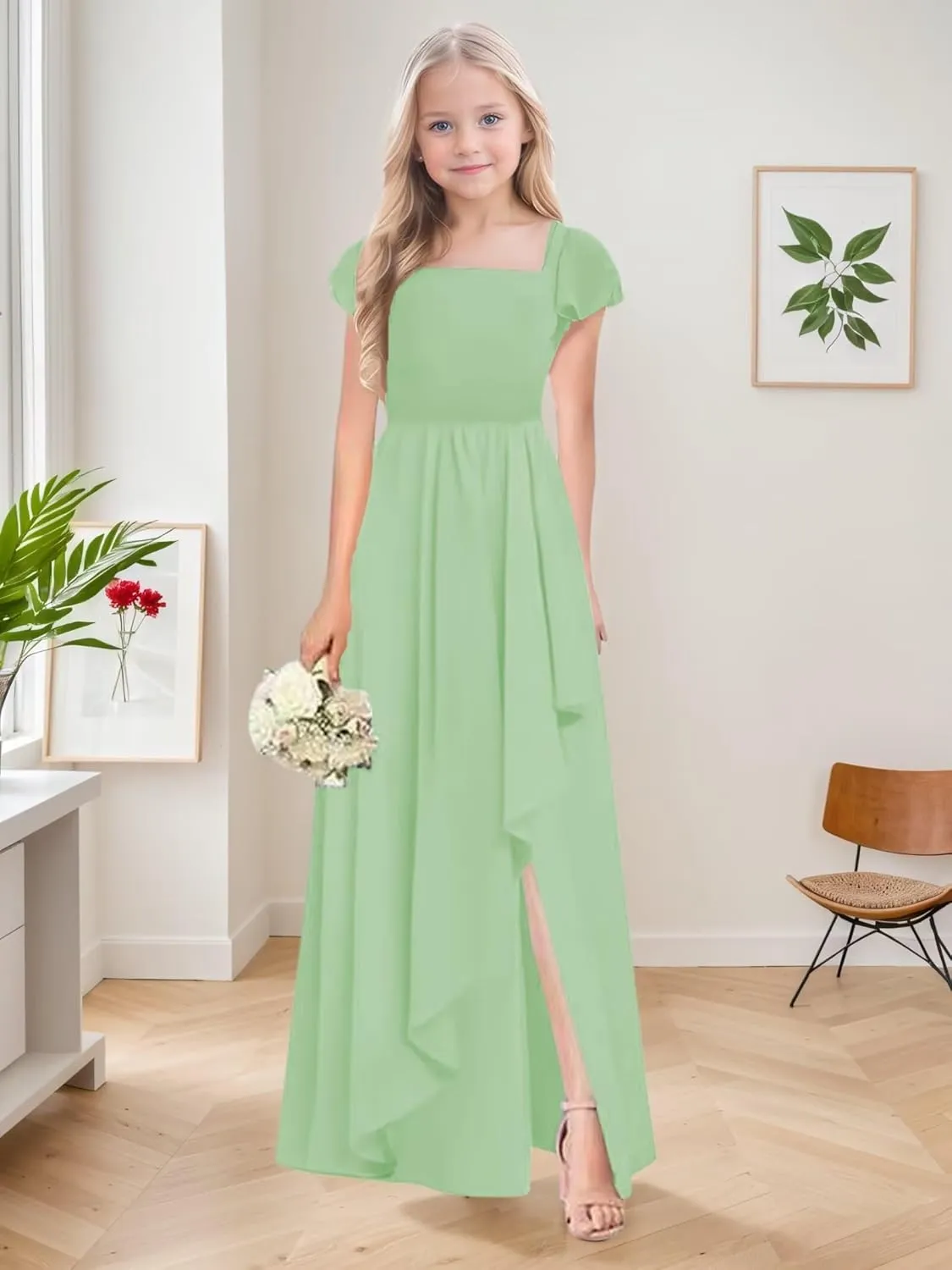 Junior Bridesmaid Dresses for Girls Chiffon Short Sleeve Flower Girl Dress for Wedding Party Pageant Gown