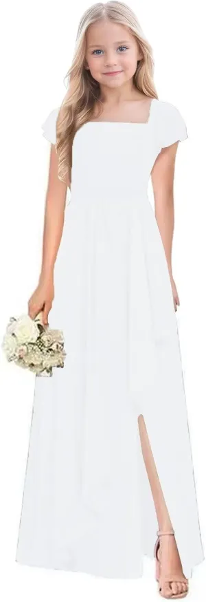 Junior Bridesmaid Dresses for Girls Chiffon Short Sleeve Flower Girl Dress for Wedding Party Pageant Gown