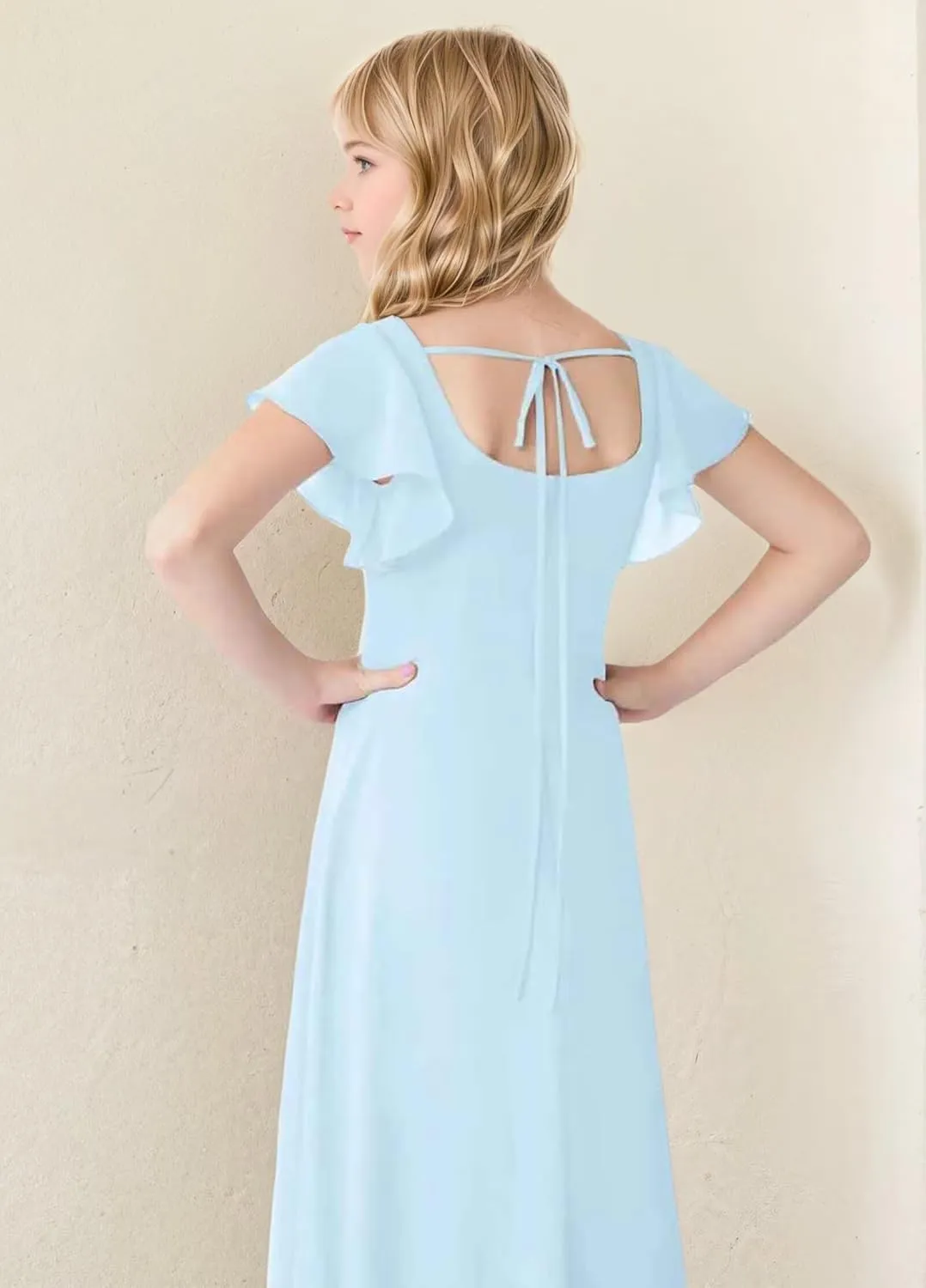 Junior Bridesmaid Dresses for Girls Chiffon Short Sleeve Flower Girl Dress for Wedding Party Pageant Gown