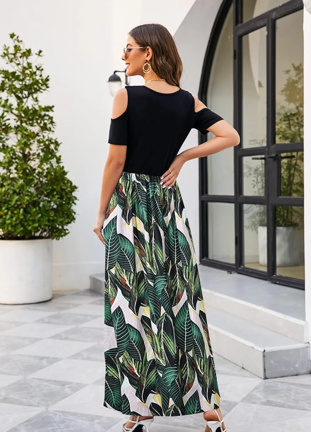 Kancystore Women's Short Sleeve Floral Maxi Dresses Cold Shoulder Dress with Pockets