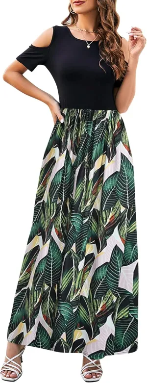 Kancystore Women's Short Sleeve Floral Maxi Dresses Cold Shoulder Dress with Pockets