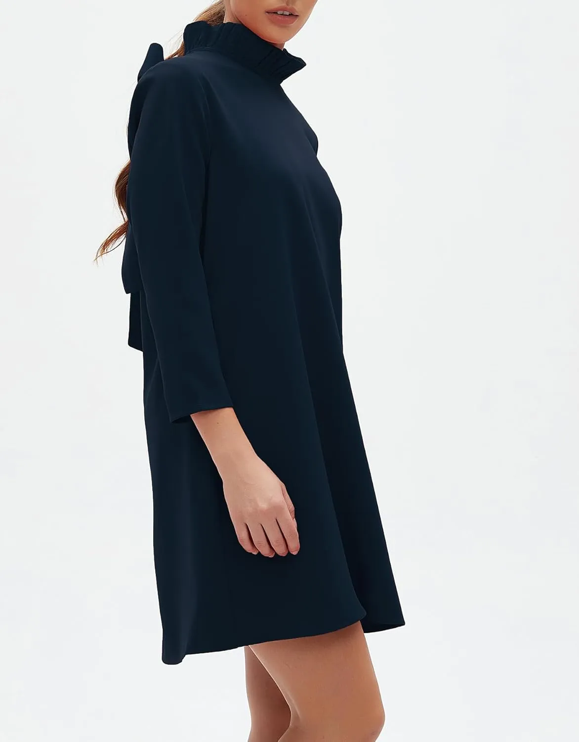 Kedera Women's Fall Bow Tie Dress Casual Mini Dress Ruffle Mock Neck Long Sleeve Dress Swing Elegant Shift Dress
