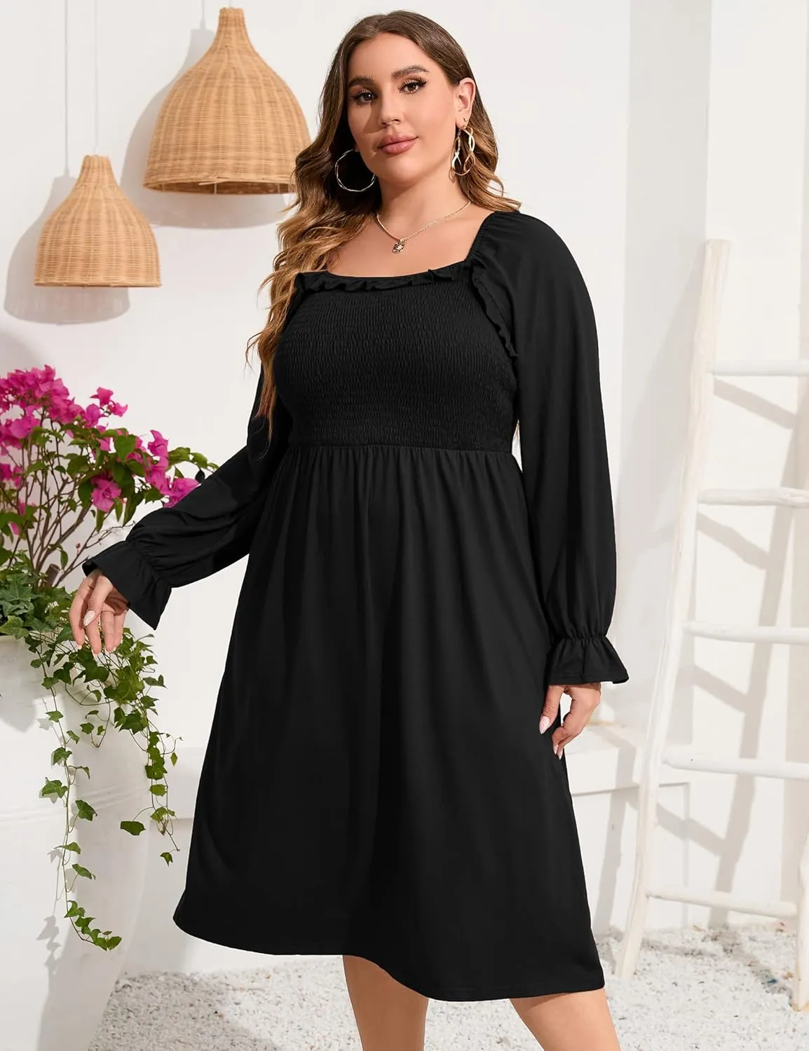 KOJOOIN Women's Plus Size Ruffle Long Sleeve Square Neck Dress High Waist Smocked Tunic Knee Length A-Line Midi Dress