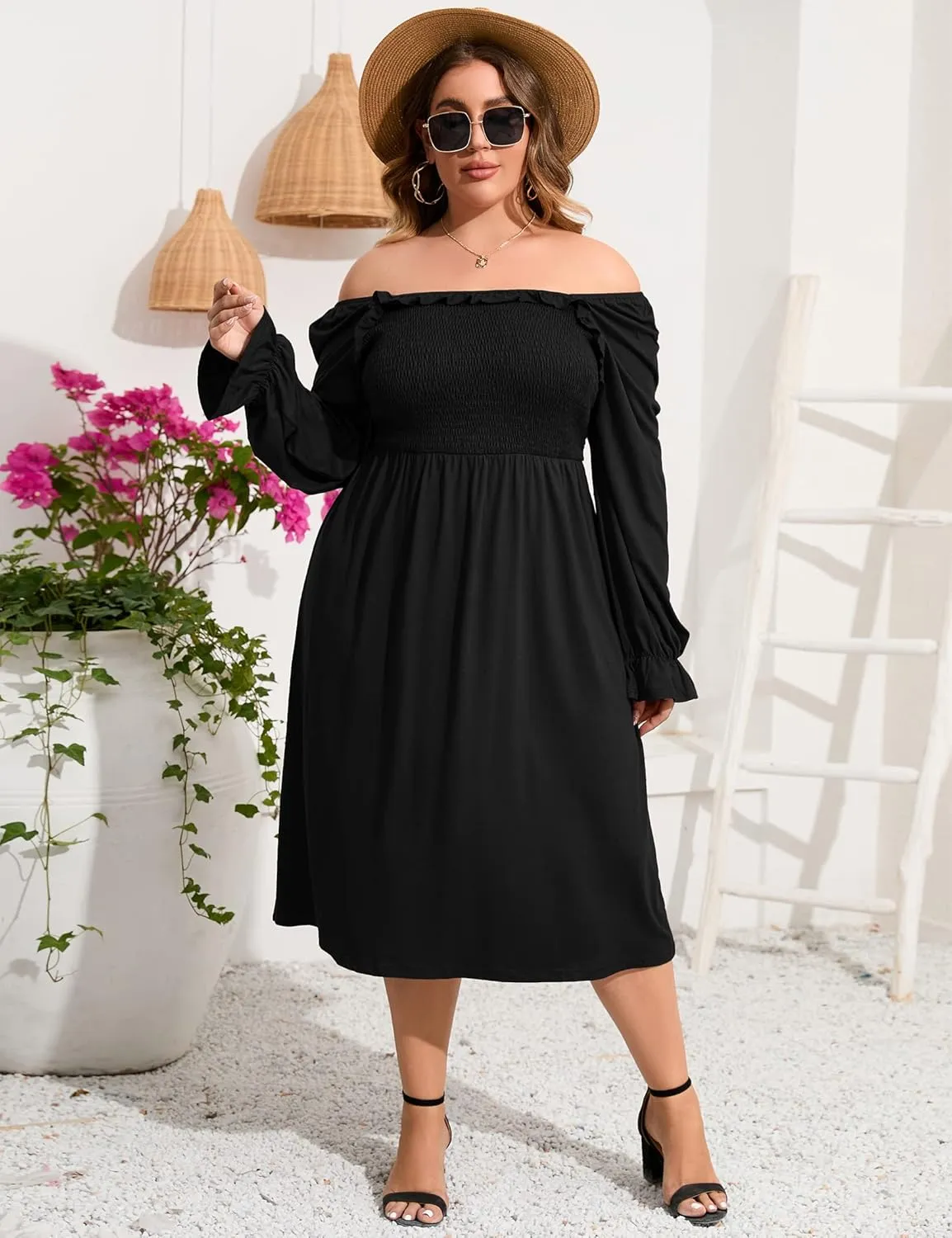 KOJOOIN Women's Plus Size Ruffle Long Sleeve Square Neck Dress High Waist Smocked Tunic Knee Length A-Line Midi Dress