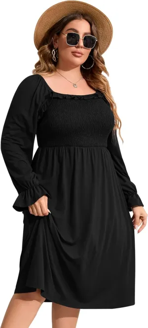 KOJOOIN Women's Plus Size Ruffle Long Sleeve Square Neck Dress High Waist Smocked Tunic Knee Length A-Line Midi Dress