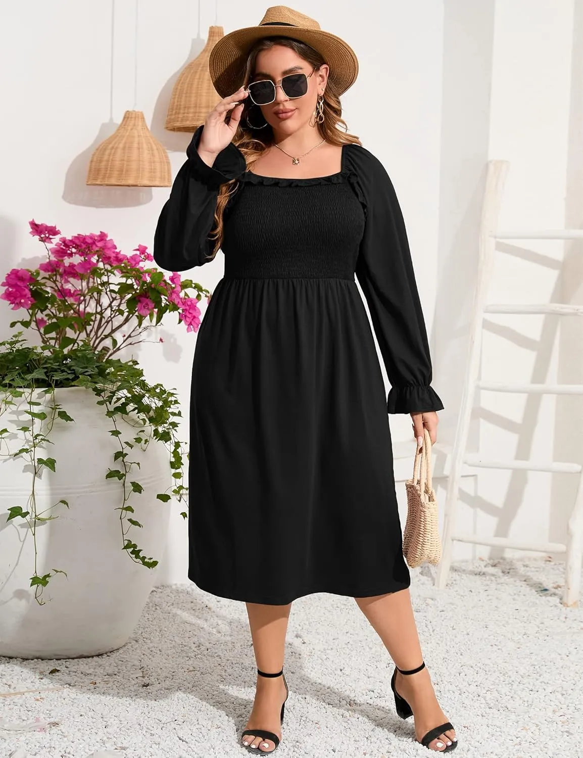 KOJOOIN Women's Plus Size Ruffle Long Sleeve Square Neck Dress High Waist Smocked Tunic Knee Length A-Line Midi Dress