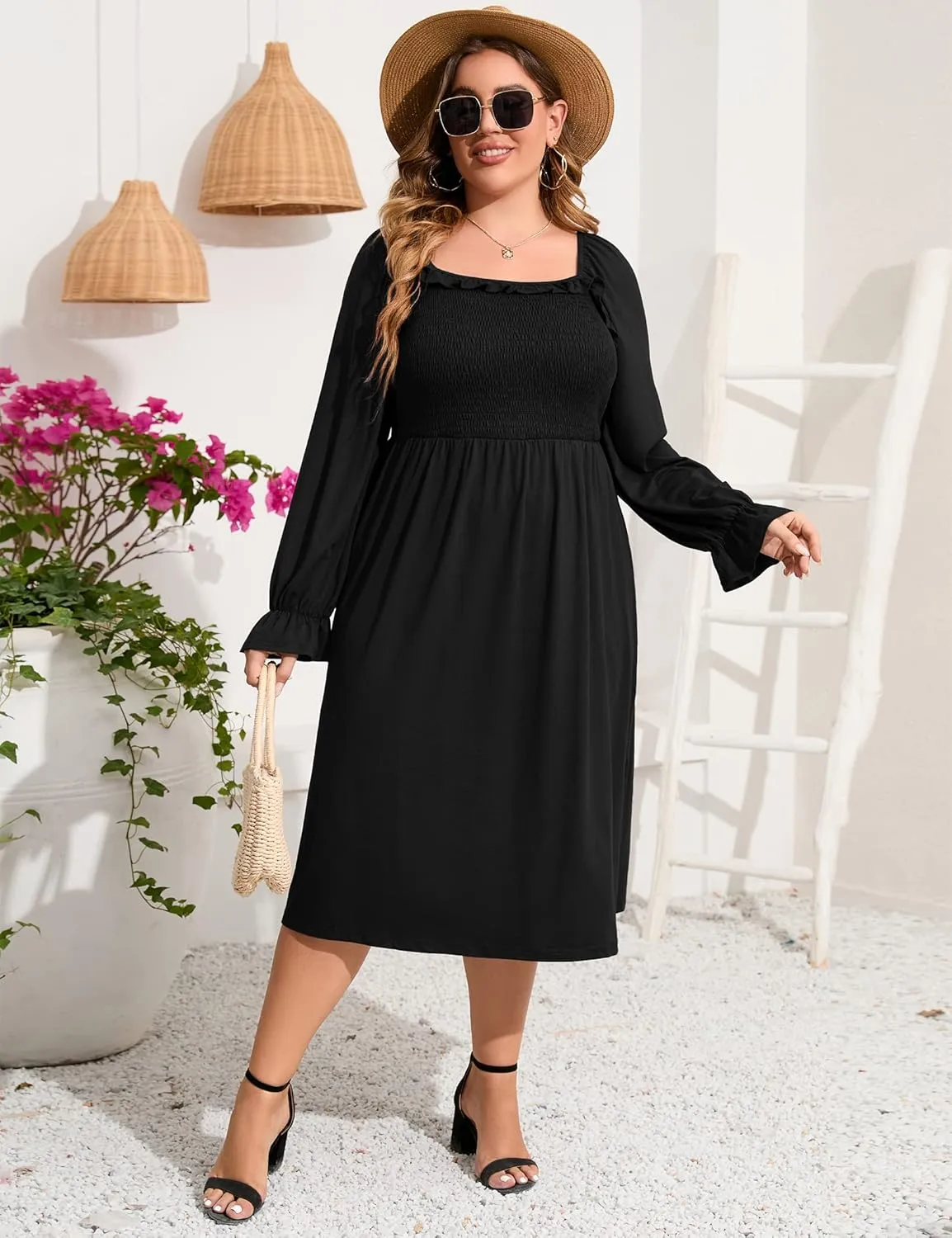 KOJOOIN Women's Plus Size Ruffle Long Sleeve Square Neck Dress High Waist Smocked Tunic Knee Length A-Line Midi Dress