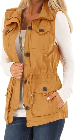 Koodred Women's Casual Military Utility Vest Lightweight Sleeveless Drawstring Jackets with Pockets