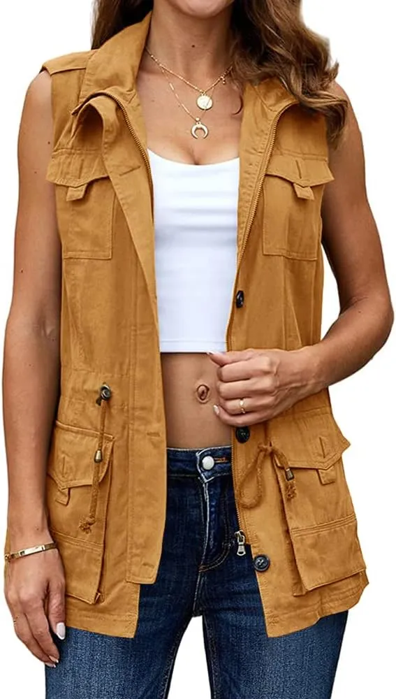 Koodred Women's Casual Military Utility Vest Lightweight Sleeveless Drawstring Jackets with Pockets