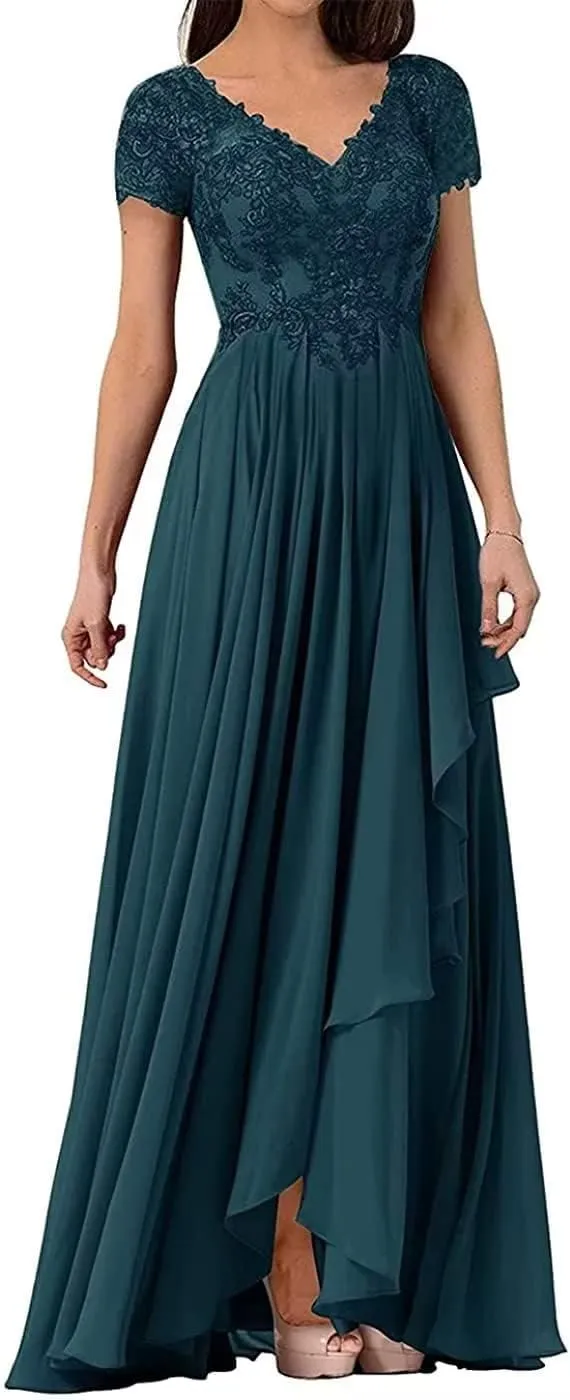 Lace Appliques Mother of The Bride Dress Wedding Guests Dresses for Women V Neck Long Chiffon Formal Evening Party Gowns