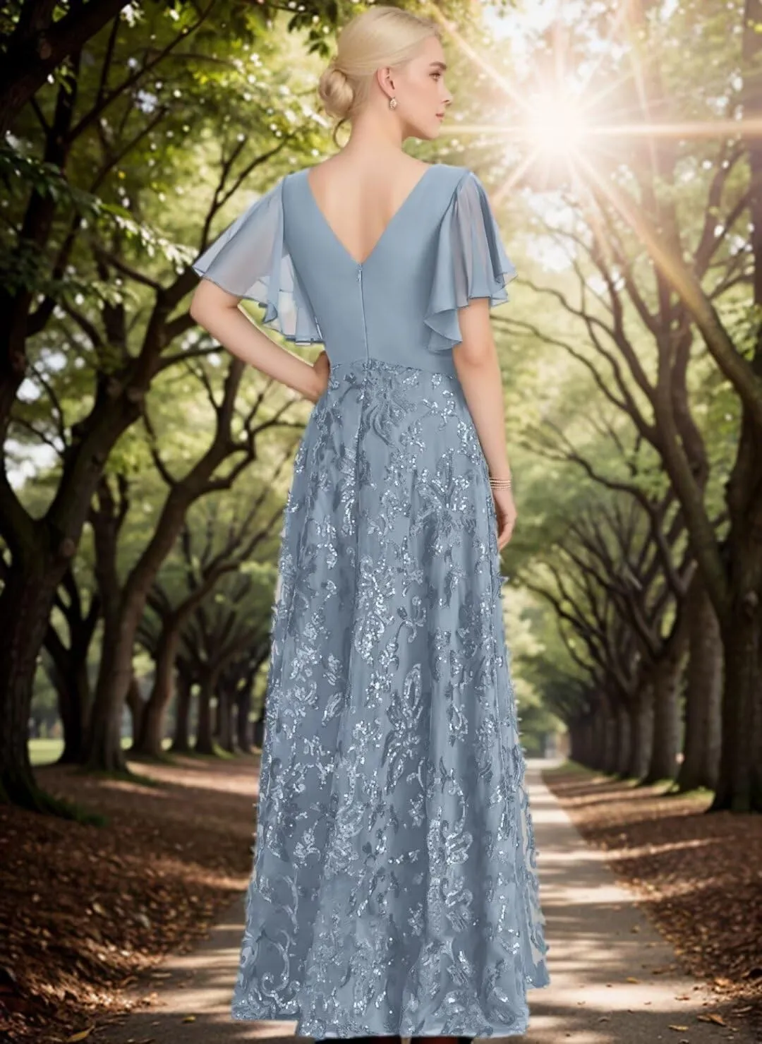 Lace Appliques V Neck Mother of The Bride Dress Chiffon Floor Length Formal Evening Gown