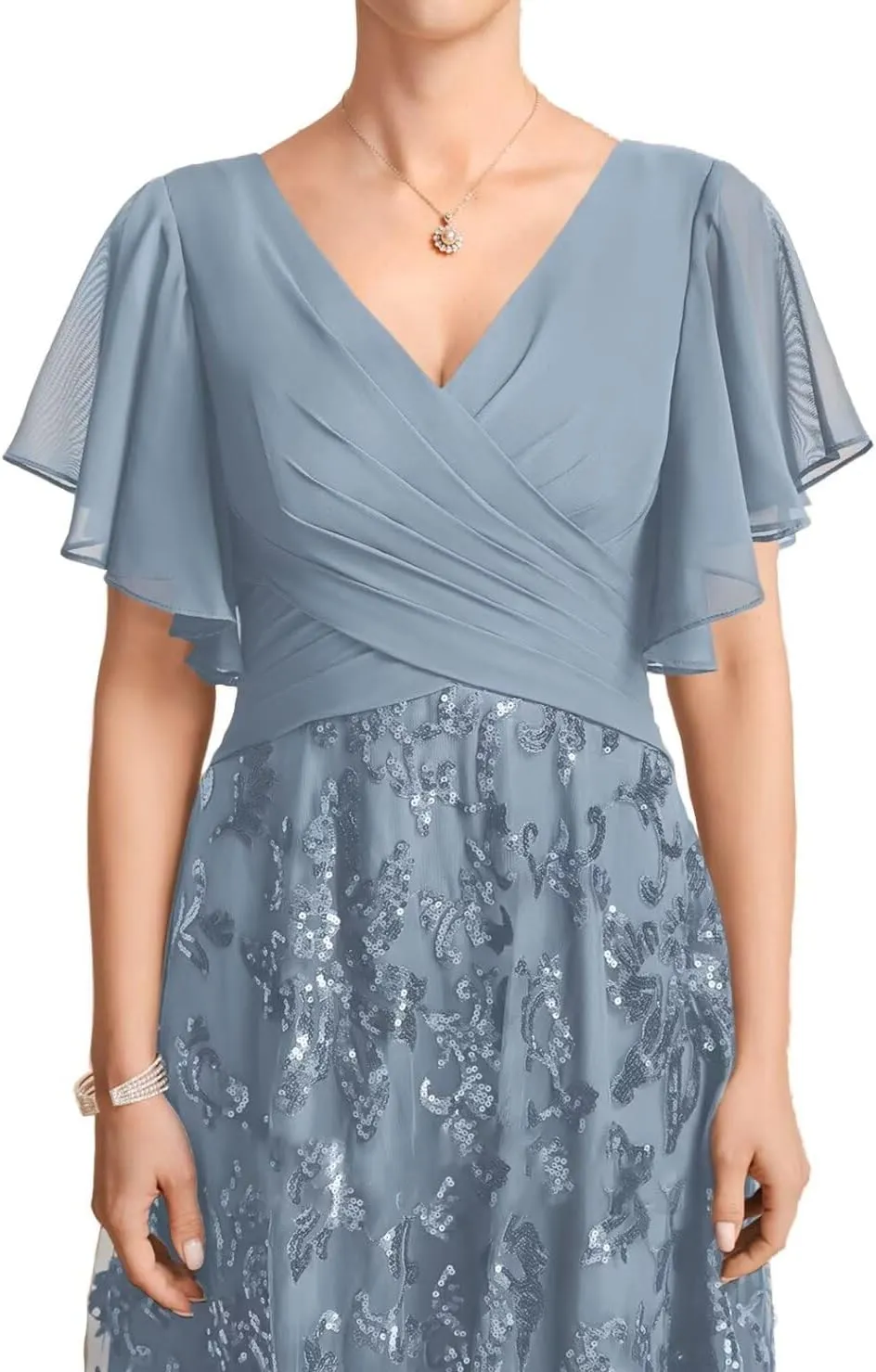 Lace Appliques V Neck Mother of The Bride Dress Chiffon Floor Length Formal Evening Gown