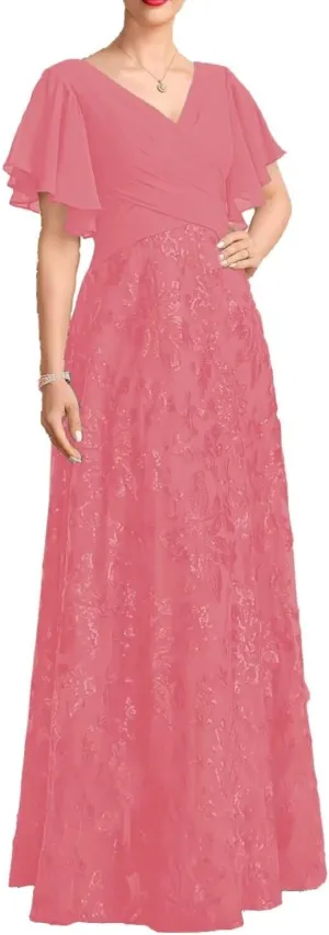 Lace Appliques V Neck Mother of The Bride Dress Chiffon Floor Length Formal Evening Gown