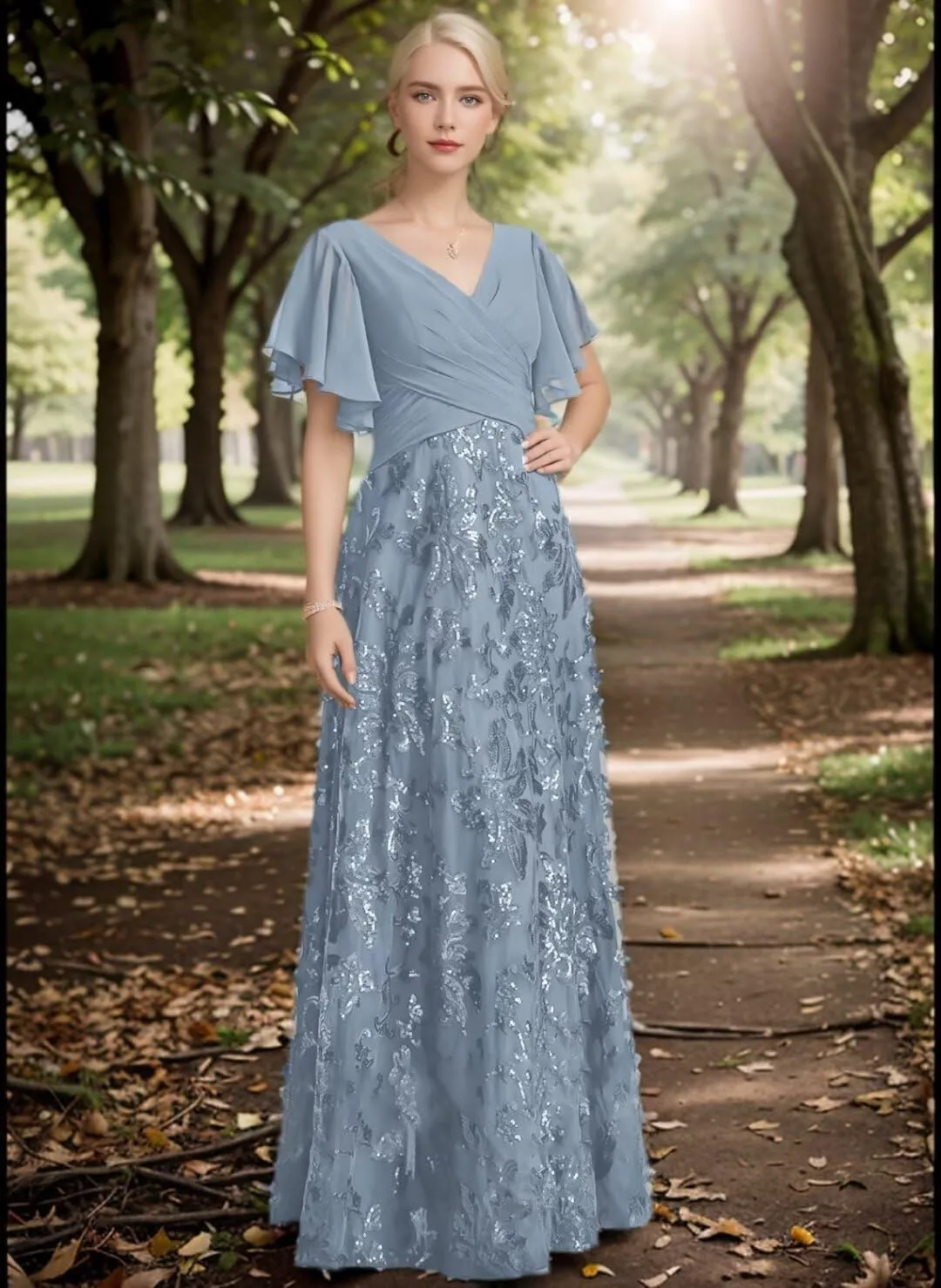 Lace Appliques V Neck Mother of The Bride Dress Chiffon Floor Length Formal Evening Gown