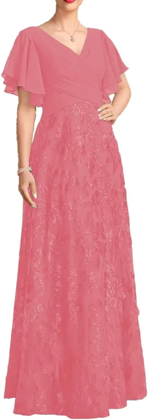 Lace Appliques V Neck Mother of The Bride Dress Chiffon Floor Length Formal Evening Gown