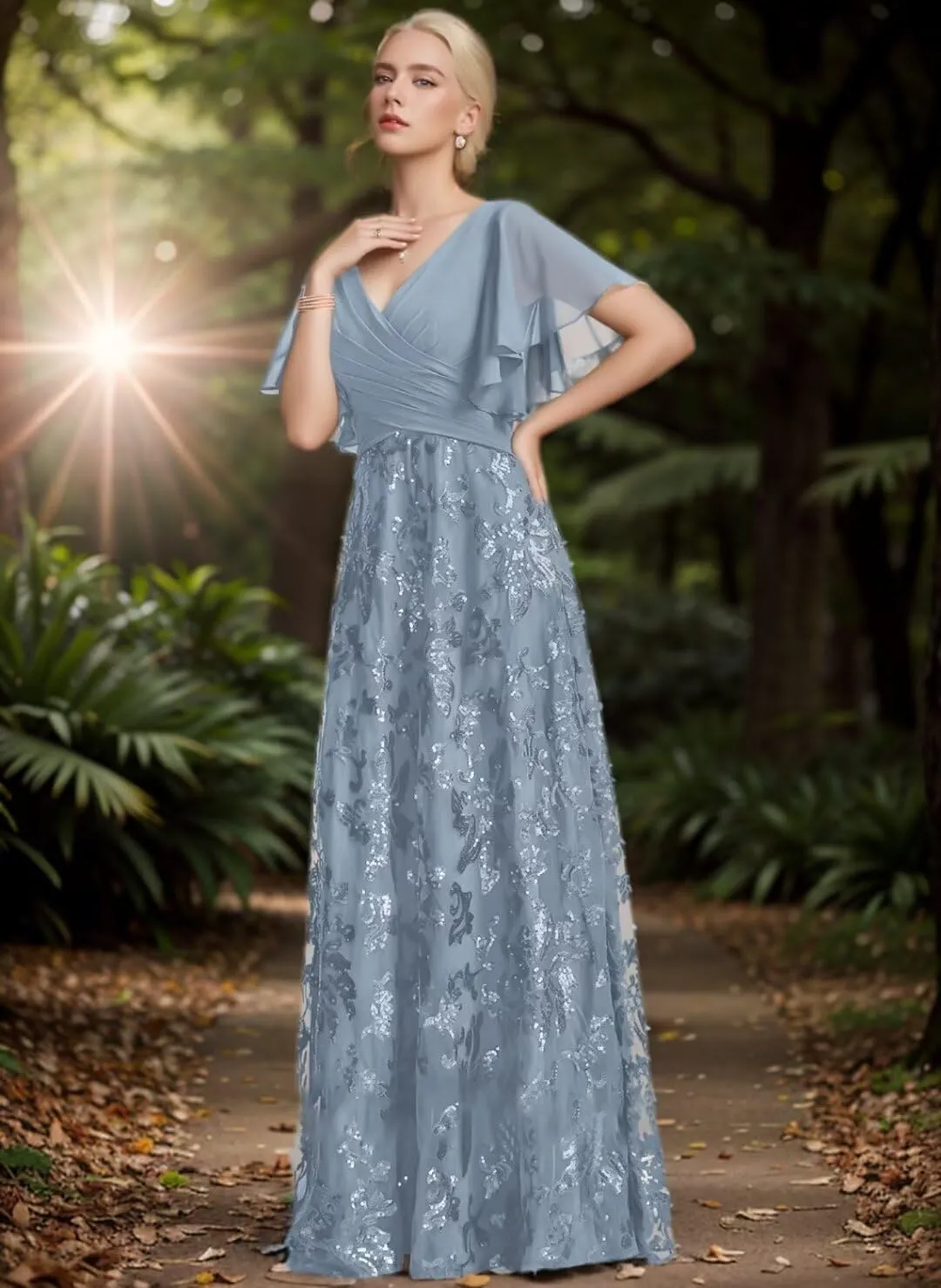 Lace Appliques V Neck Mother of The Bride Dress Chiffon Floor Length Formal Evening Gown