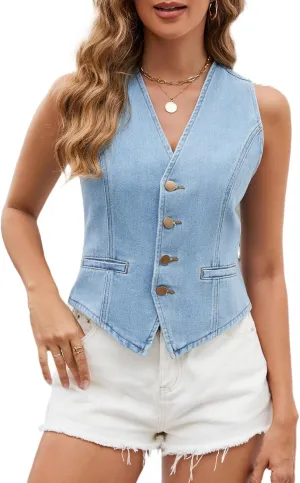 Ladyful Denim Vest Top for Women V Neck Jean Waistcoat Vest Button Down Sleeveless Denim Jacket