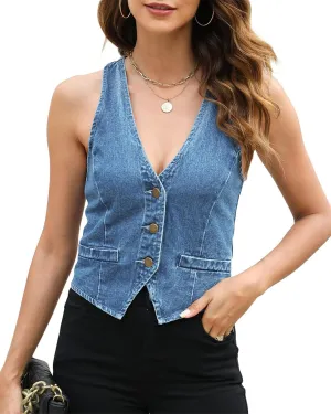 Ladyful Womens Denim Vest Sleeveless V neck Jean Suit Waistcoat Vest