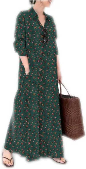 Ladyful Women's Floral Printed Cotton Linen Shirt Dress Button Down Llong Shirtdress Casual Beach Maxi Sundress