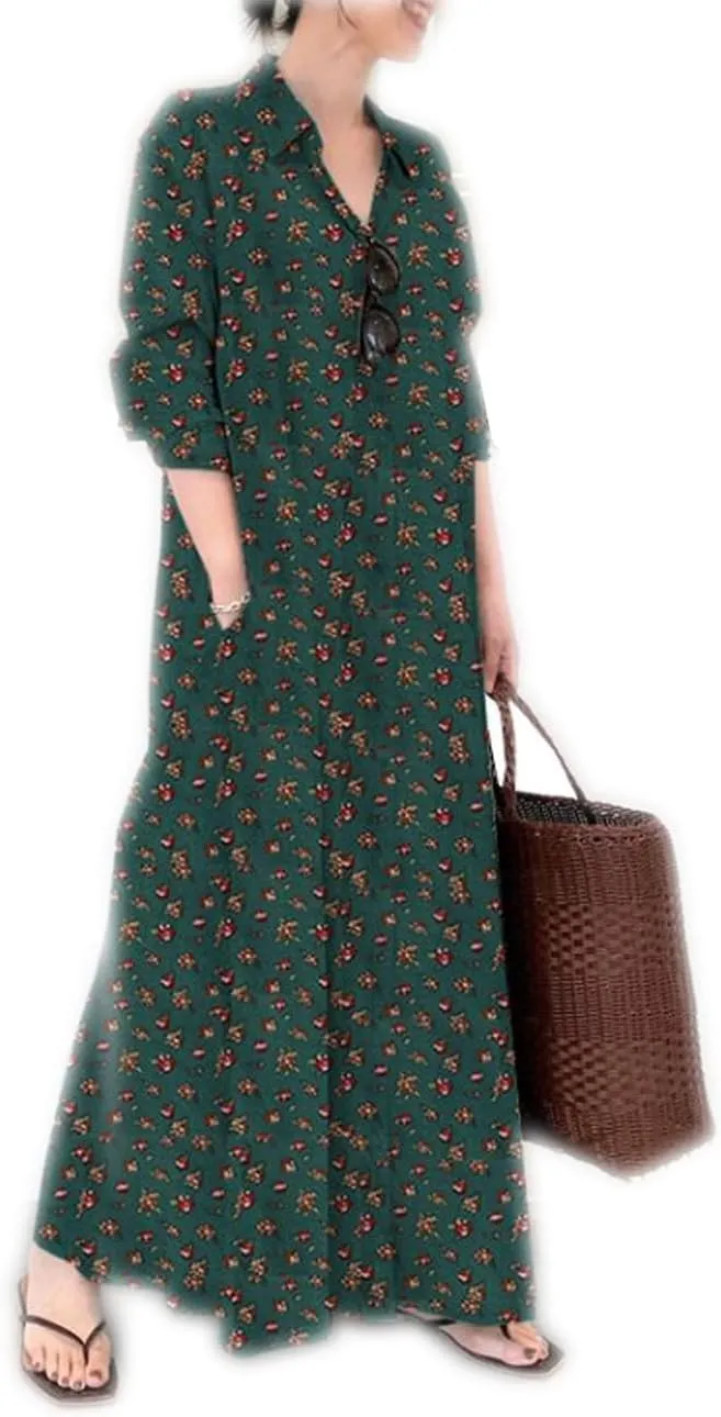 Ladyful Women's Floral Printed Cotton Linen Shirt Dress Button Down Llong Shirtdress Casual Beach Maxi Sundress