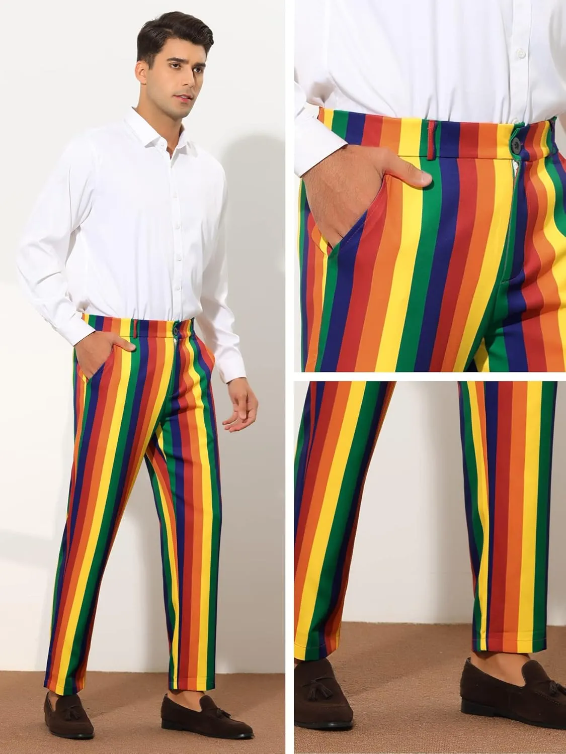Lars Amadeus Rainbow Pants for Men's Regular Fit Flat Front Color Block Stripe Dress Trousers